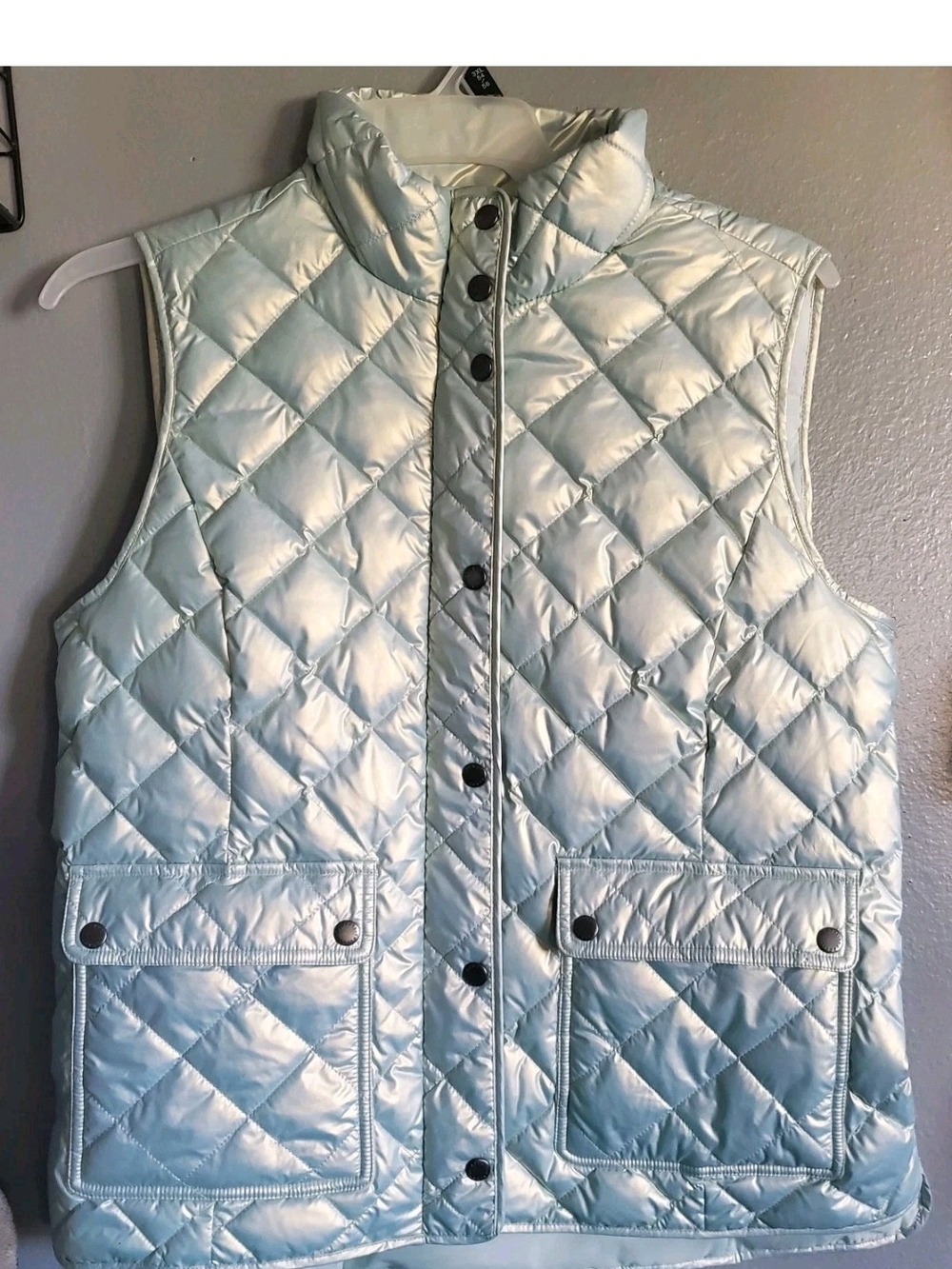 NWT Talbots Quilted Down Puffer Vest Zip & Snap Closure Metallic Sage Size L